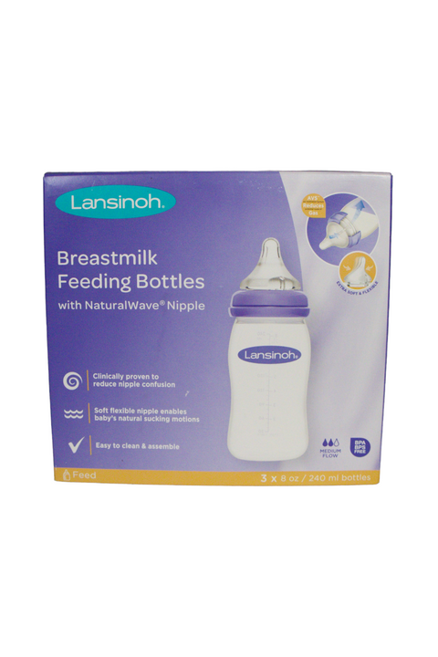 Lansinoh Breastmilk Feeding Bottles -  8 Ounces - 3 Count - Medium Flow - Factory Sealed