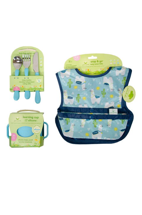 Green Sprouts 6 Piece Bibs Learning Bowl and Spoons Set - Aqua - Gently Used